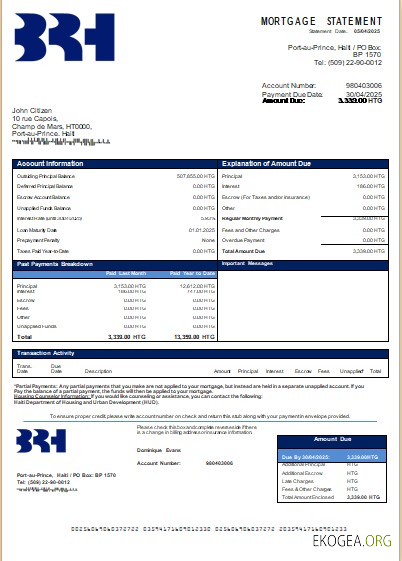 Haïti BRH relevé hypothécaire de la banque scr